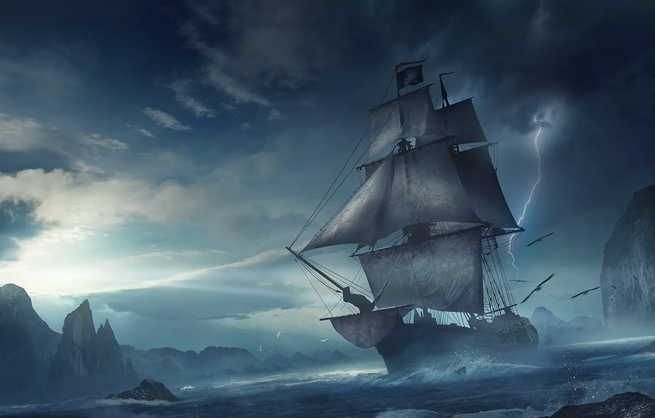 Фото обои море, волны, шторм, фантастика, скалы, молния, корабль, парусник