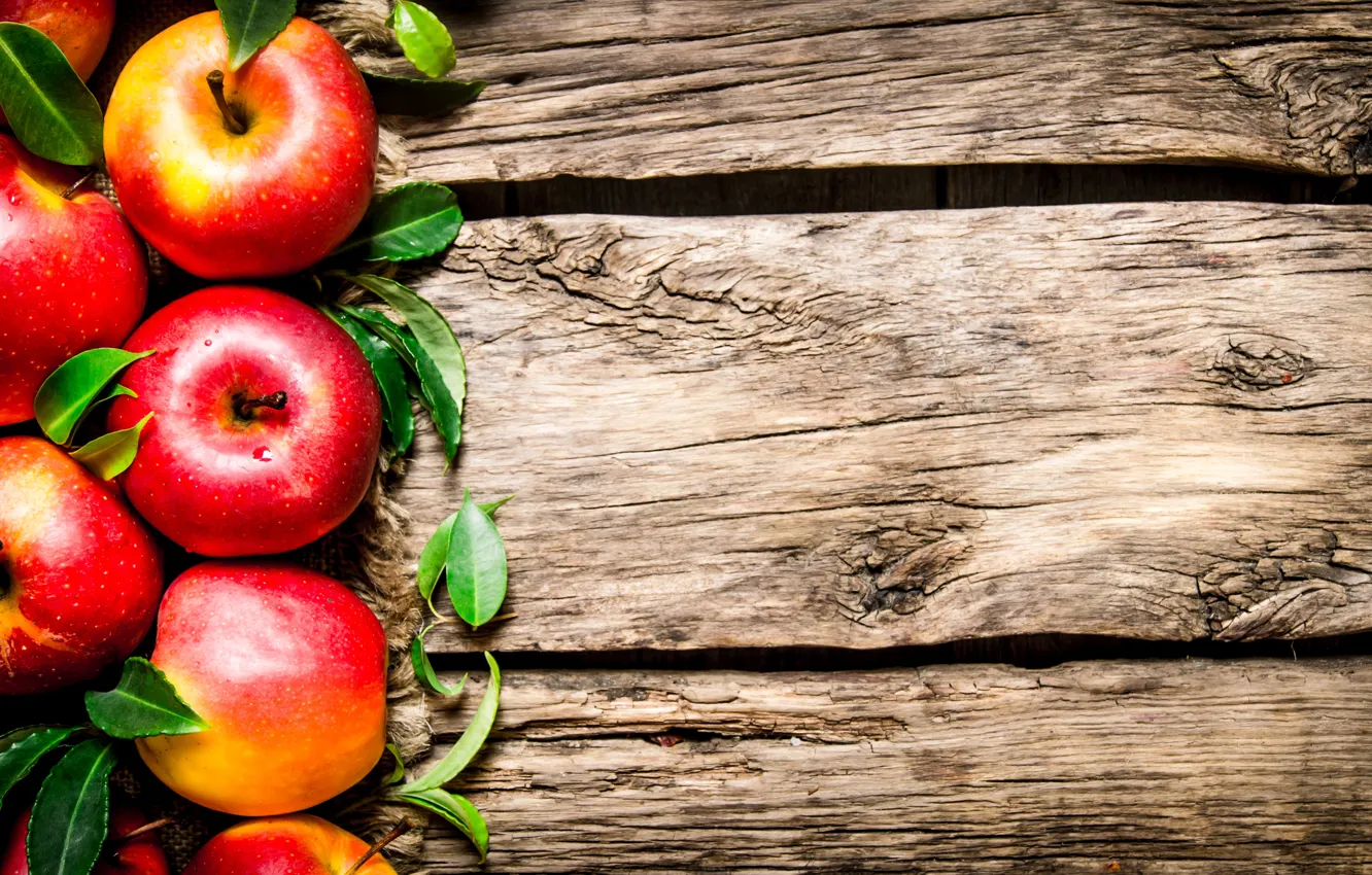 Фото обои листья, фон, яблоки, доски, красные