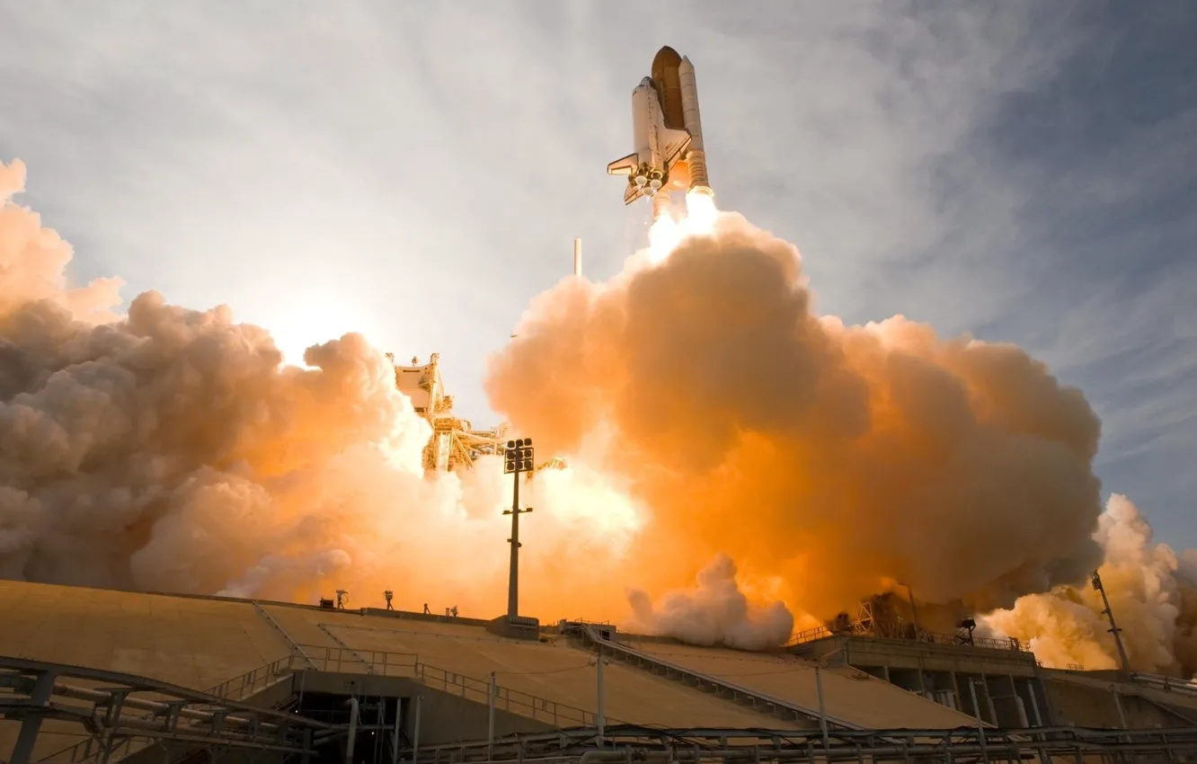 Фото обои space, NASA, smoke, spaceship, launch, rocket, Space Shuttle, technology