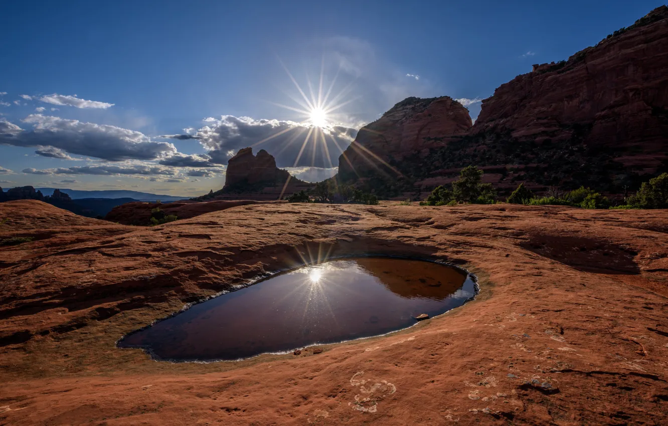Фото обои солнце, облака, горы, скалы, Аризона, США, Sedona