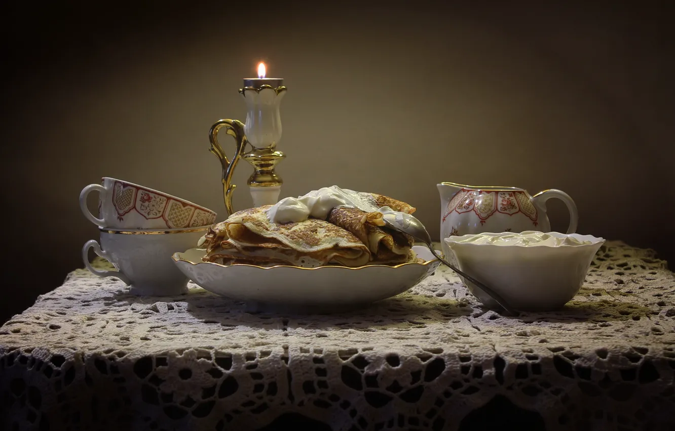 Фото обои стол, еда, свеча, чашки, блины, масленица, сметана, Ковалёва Светлана