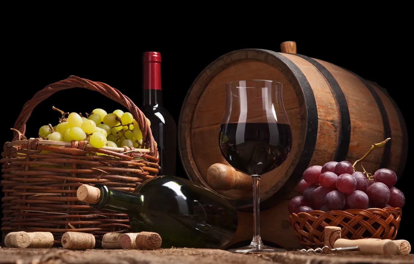 Фото обои вино, корзина, виноград, пробки, бочка, штопор