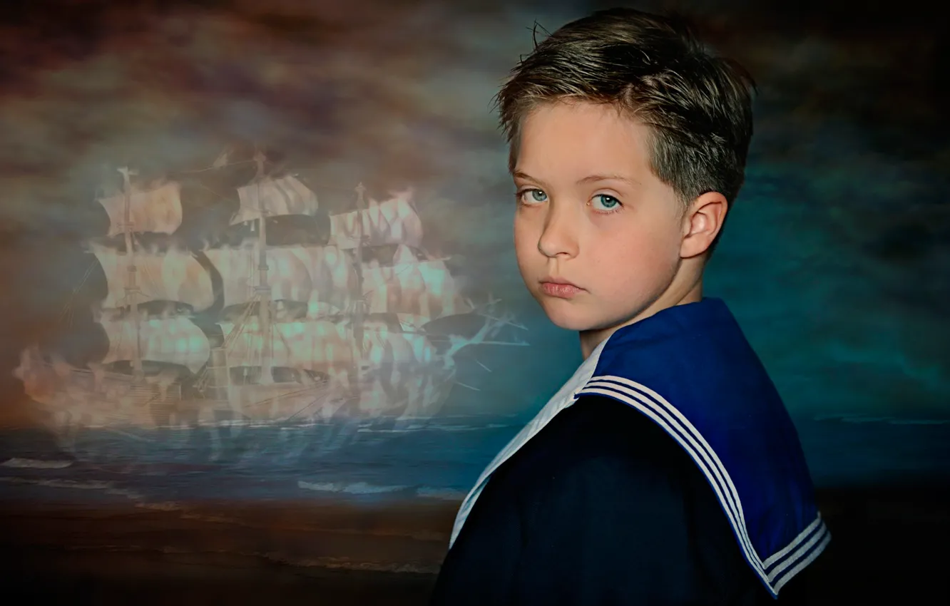 Фото обои парусник, мальчик, гюйс, мечты о море, юный моряк