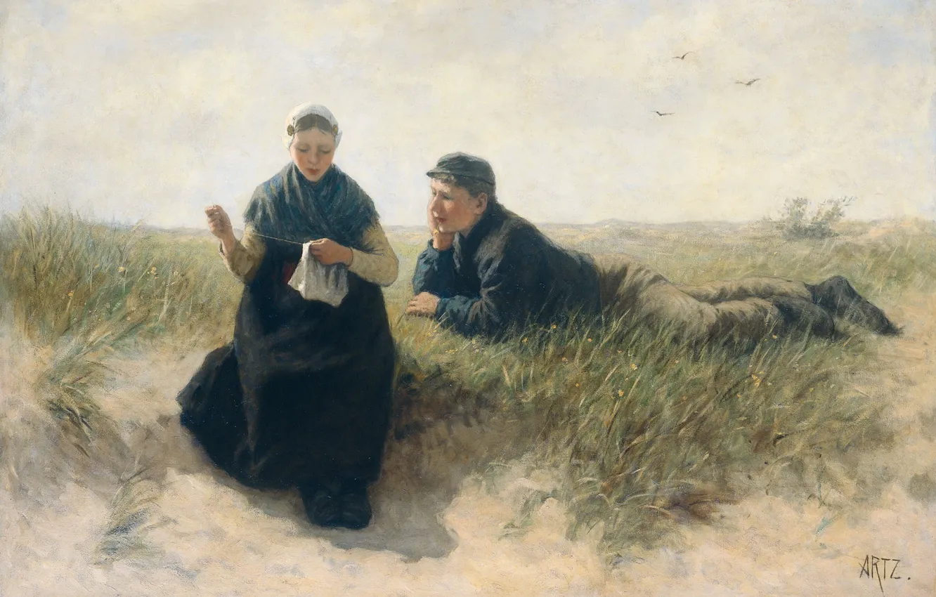 Фото обои масло, картина, холст, 1890, David Adolph Constant Artz, Адольф Арц, Юноша и Девушка в Дюнах