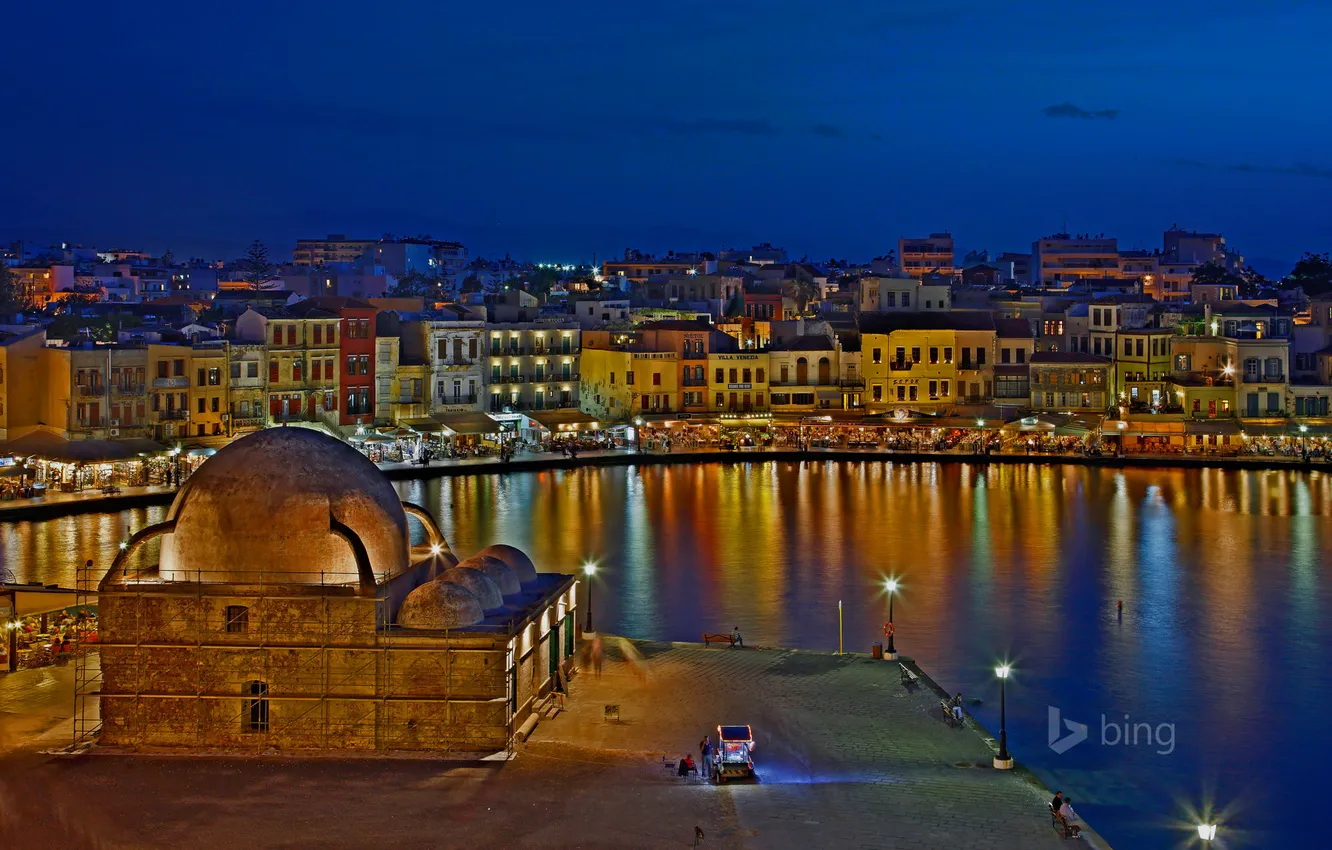 Фото обои ночь, огни, дома, Греция, Старый город, Ханья, Венецианская гавань