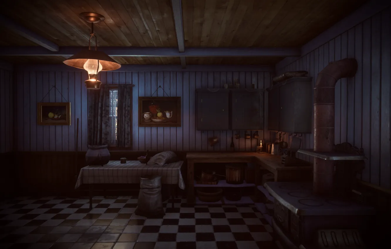 Фото обои HDR, house, game, bag, table, lamp, Oven, cups