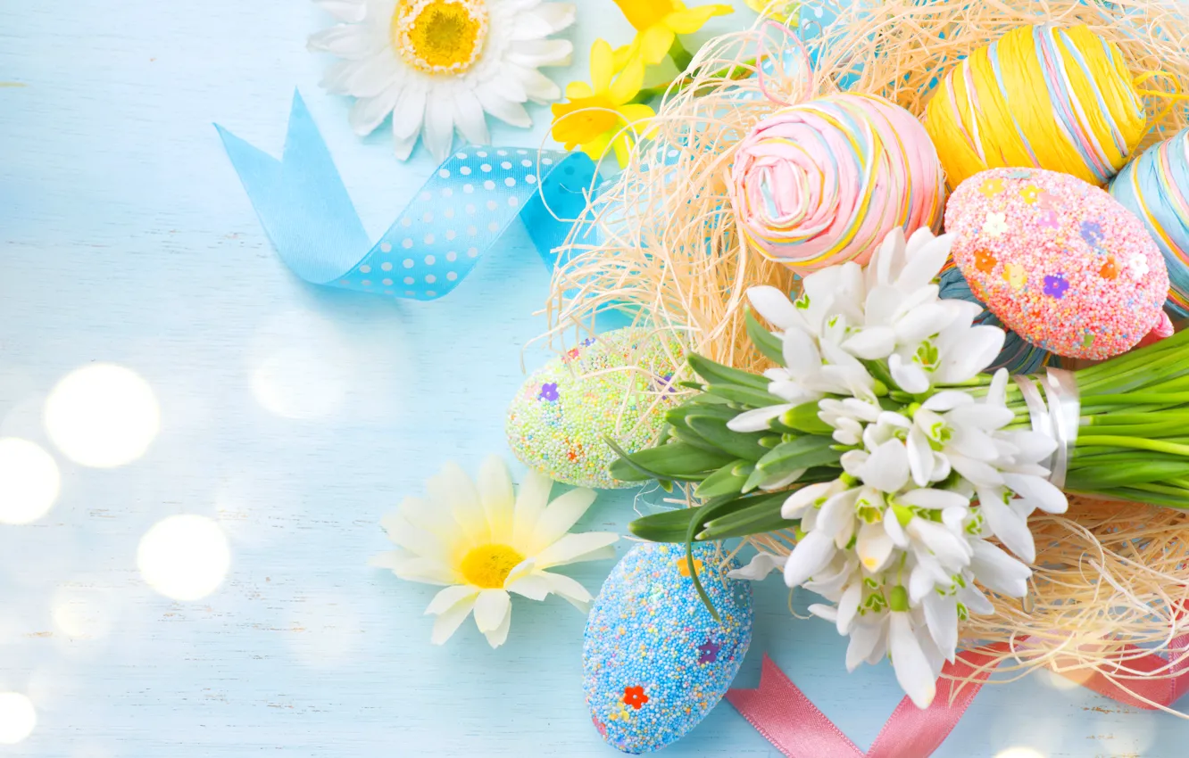 Фото обои яйца, весна, подснежники, Пасха, лента, Spring, Easter, eggs
