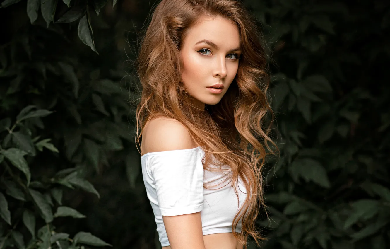 Фото обои girl, photo, model, brunette, top, portrait, wavy hair, bare shoulders