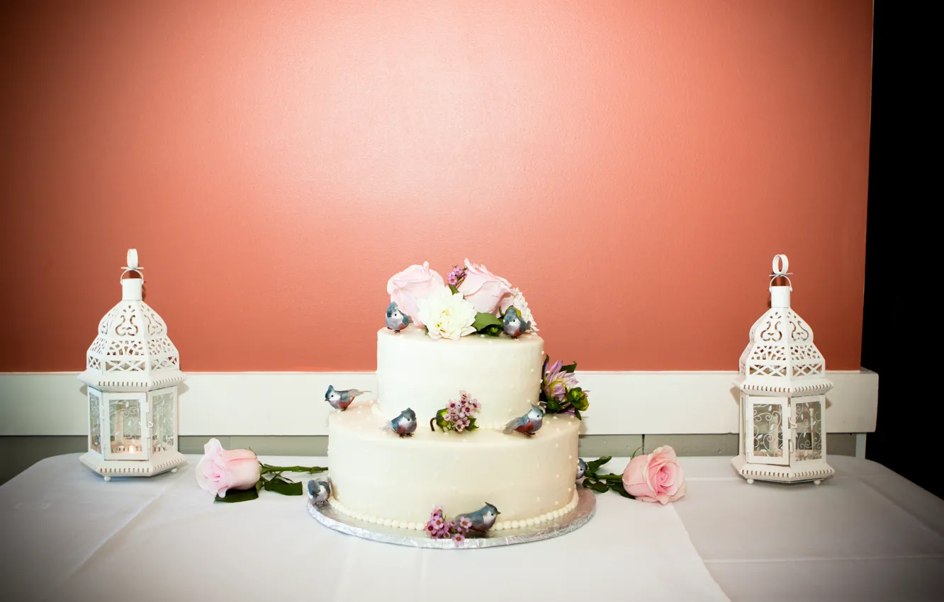 Фото обои птицы, розы, свечи, фонарь, торт, свадьба, декор, wedding