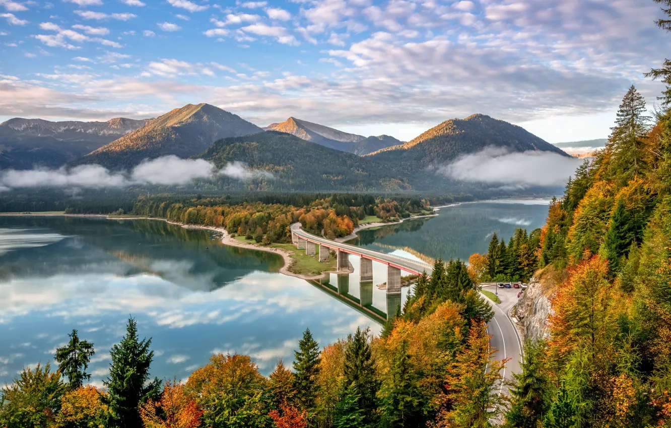 Фото обои дорога, осень, лес, горы, мост, озеро, Германия, Бавария