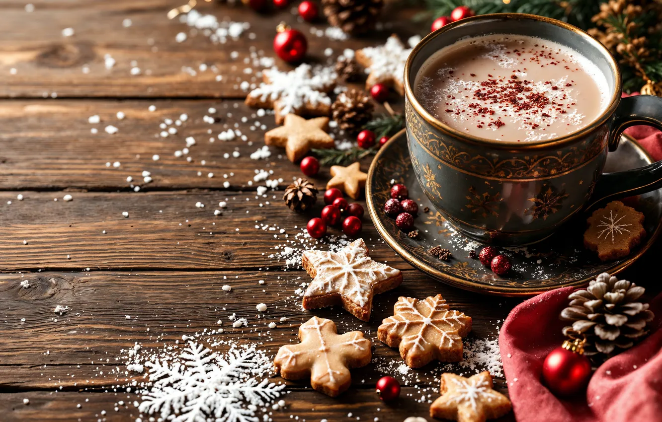 Фото обои украшения, шары, печенье, Рождество, чашка, Новый год, new year, Christmas