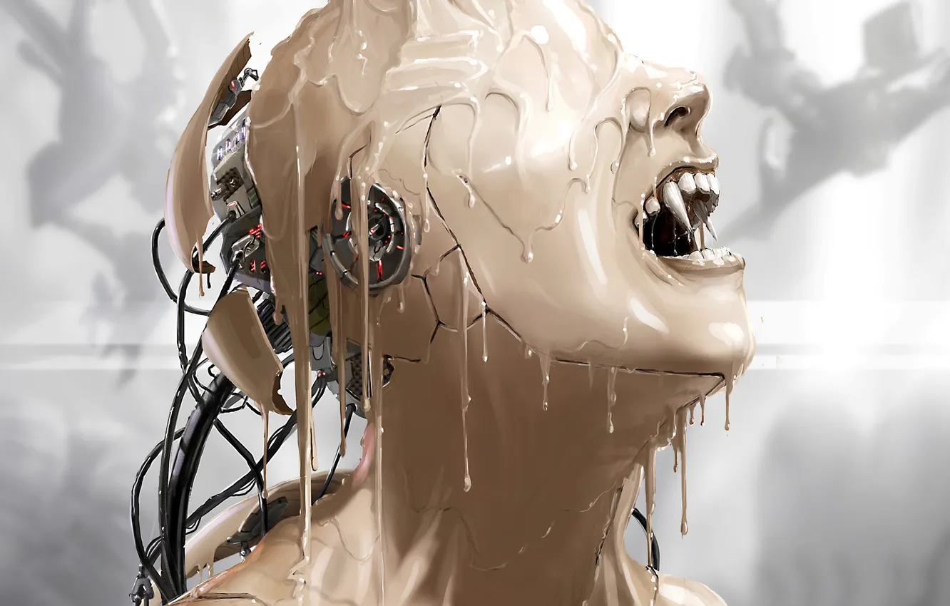 Фото обои девушка, провода, краска, робот, голова, арт, клыки, андроид