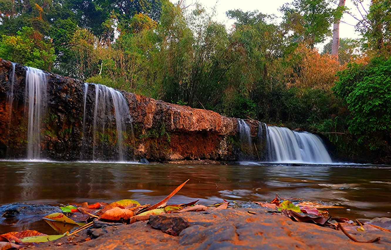 Фото обои лес, деревья, камни, водопад, Cambodia, Banlung Waterfalls