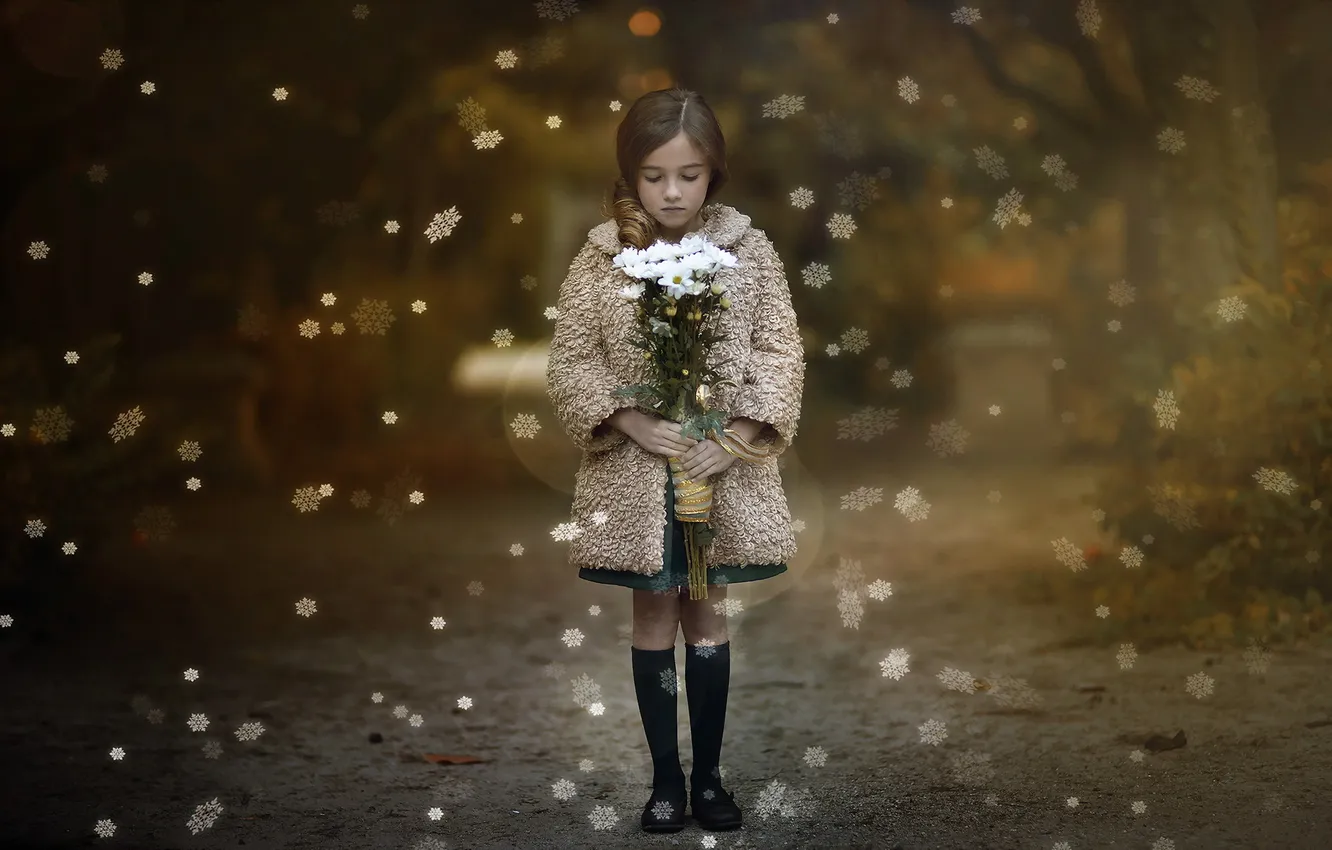 Фото обои цветы, снежинки, девочка