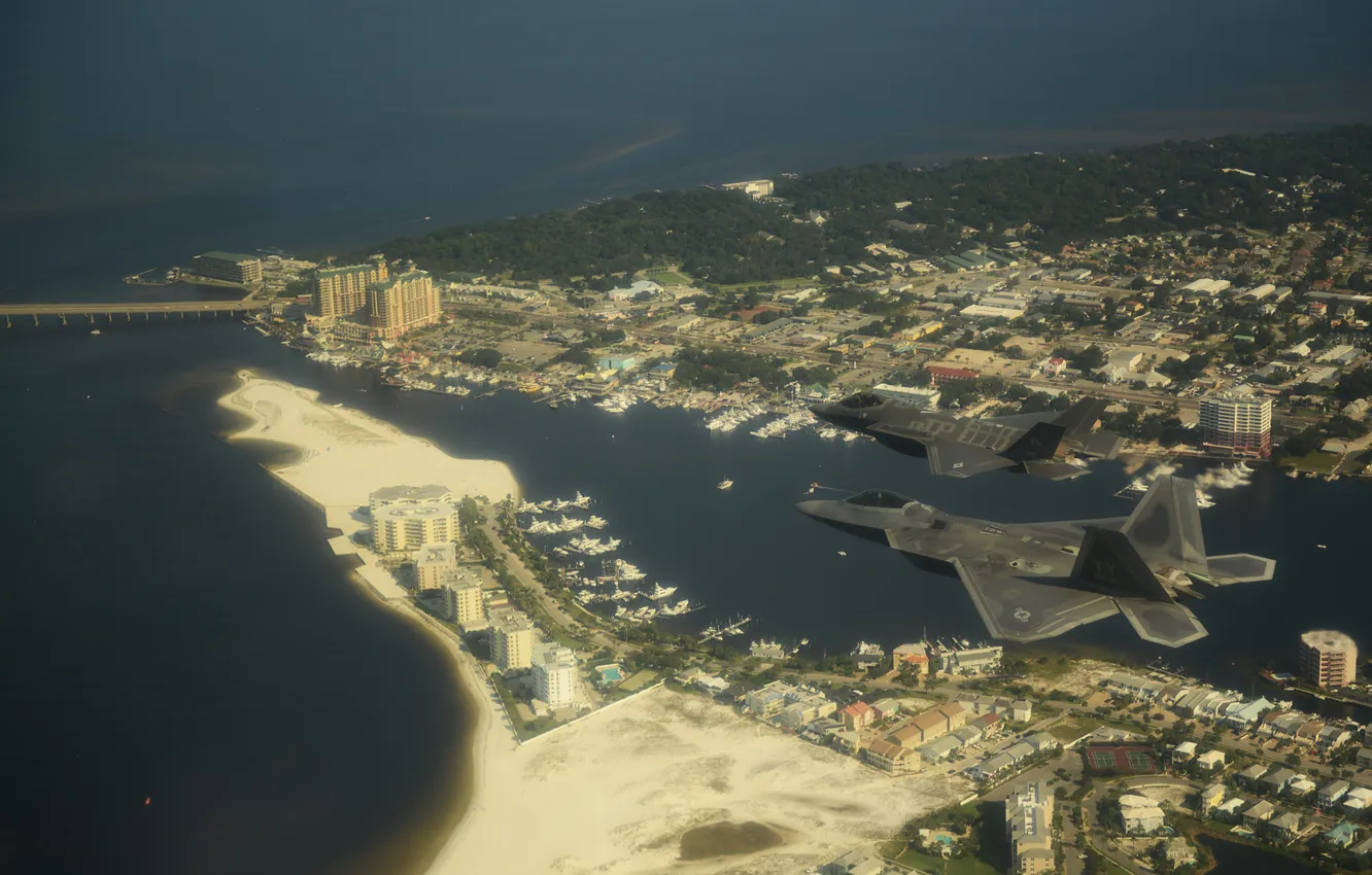 Фото обои Город, F-22, ВВС США, Lightning II, F-35, Истребителей-бомбардировщик