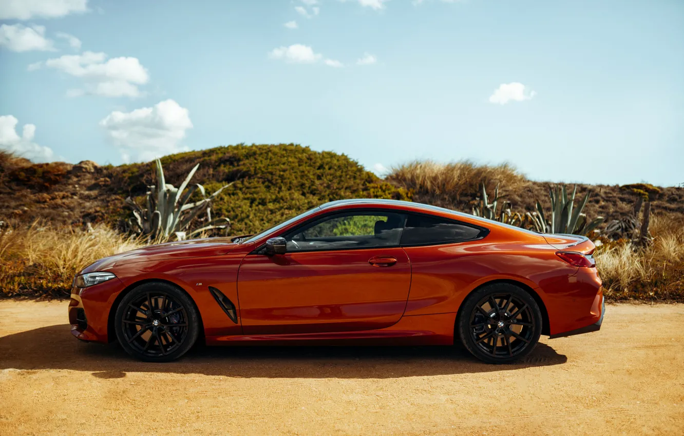 Фото обои купе, BMW, профиль, Coupe, грунтовка, 2018, 8-Series, тёмно-оранжевый