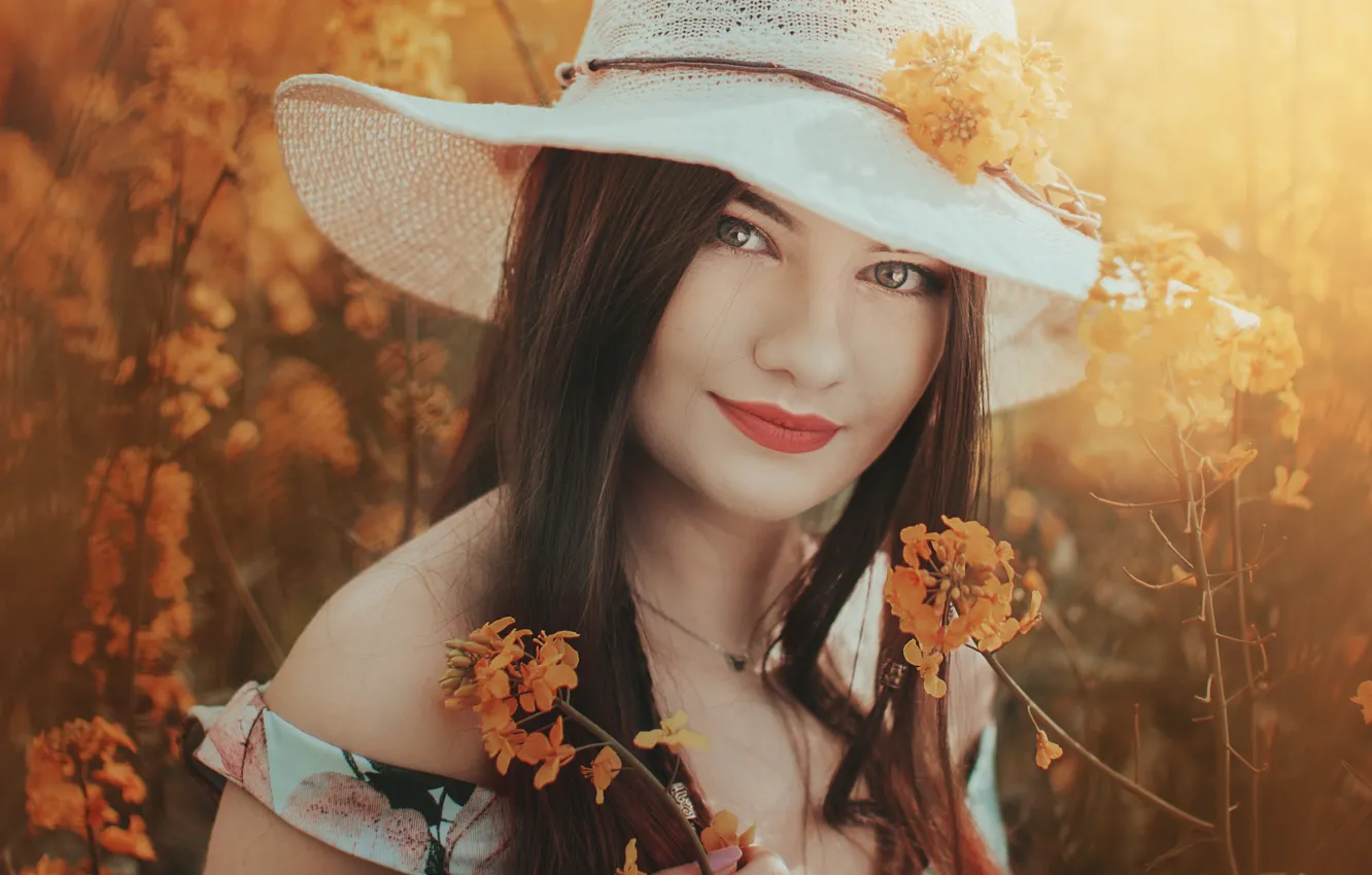 Фото обои лето, девушка, цветы, портрет, шляпа