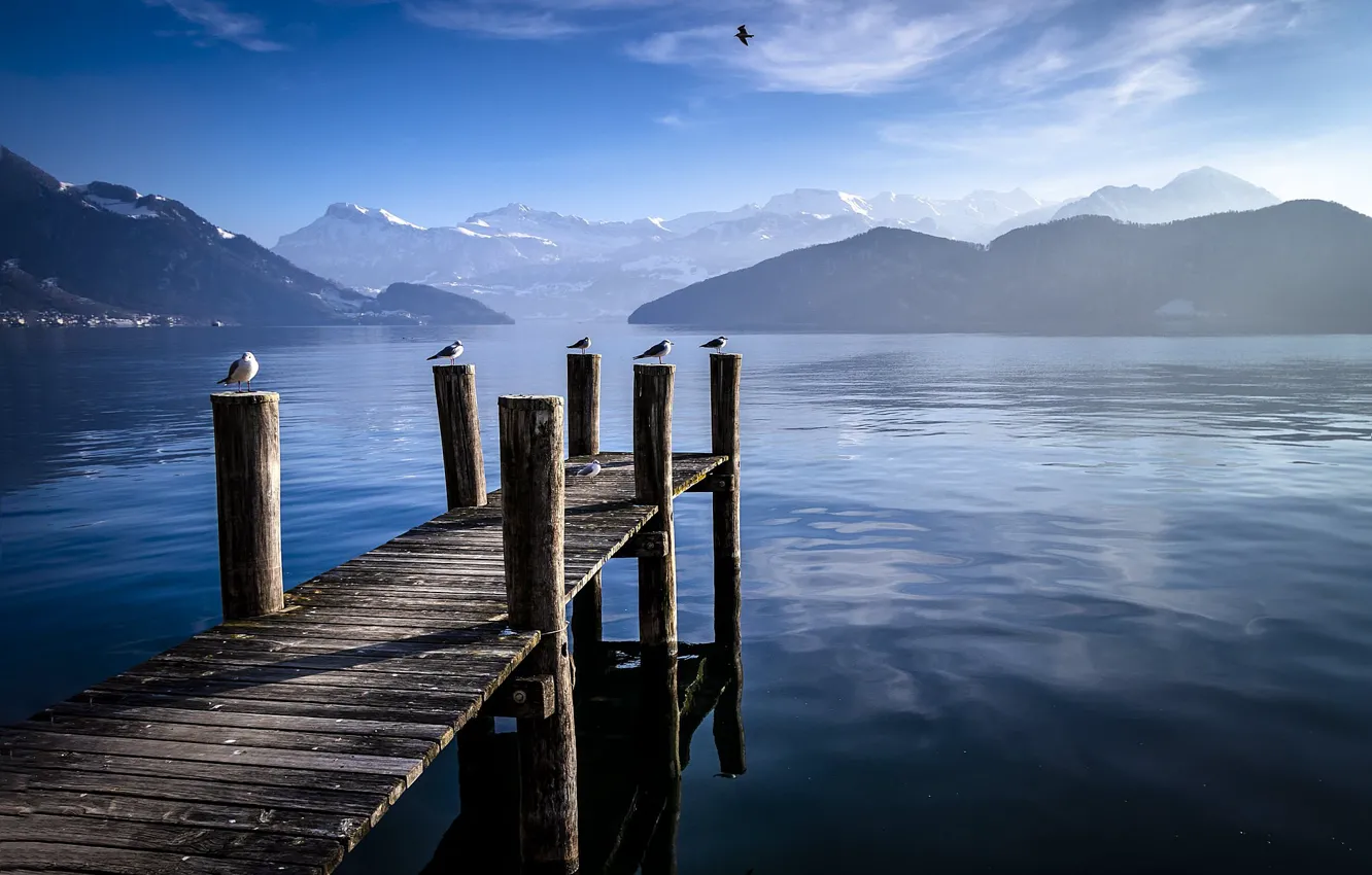 Фото обои горы, озеро, Швейцария, мостик