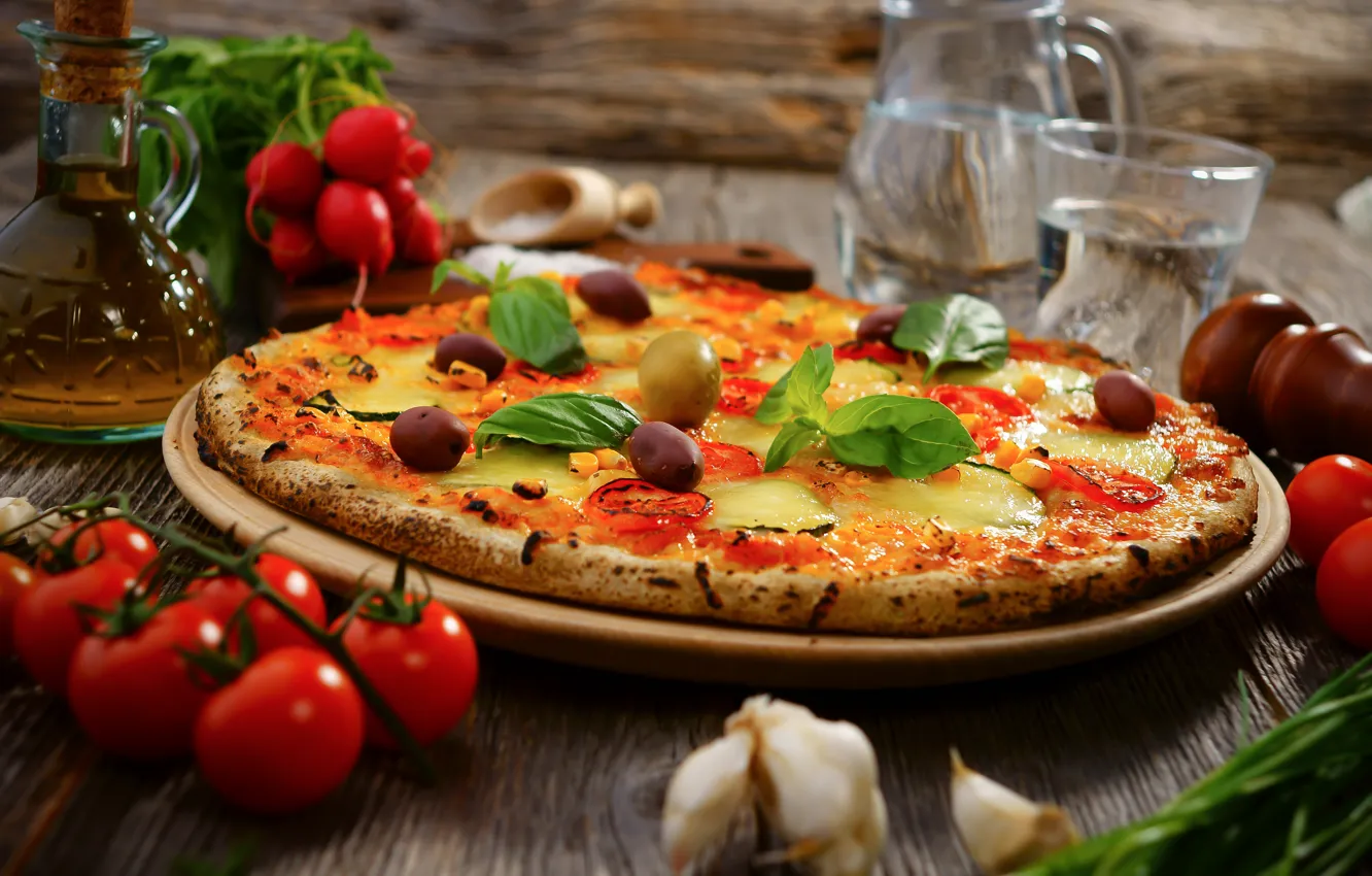 Фото обои вода, масло, еда, сыр, овощи, пицца, помидоры, оливки