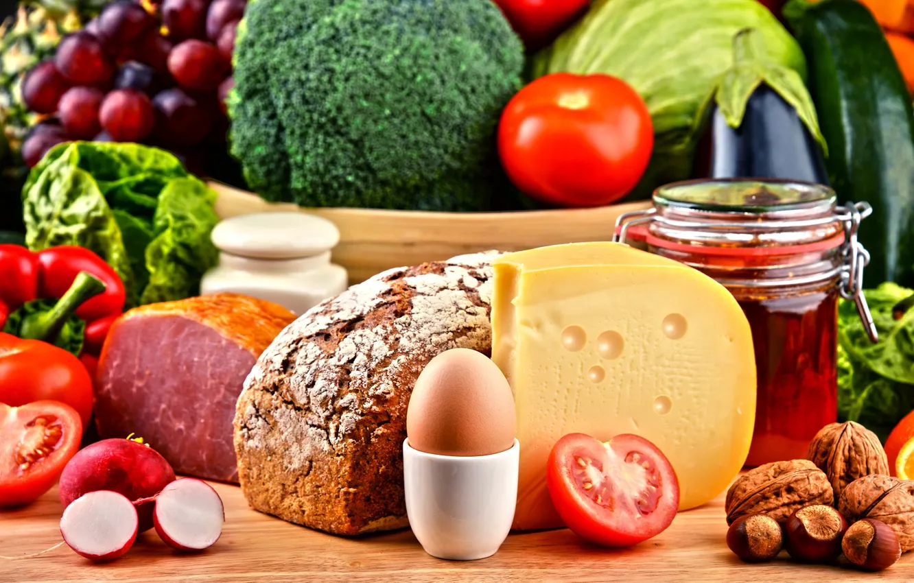 Фото обои яйцо, сыр, орехи, овощи, помидоры, ветчина, pepper, vegetables