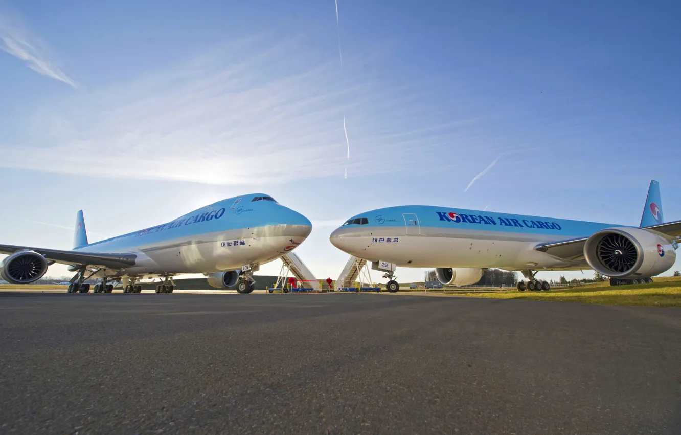Фото обои Небо, Полосы, Аэропорт, След, Boeing, Пара, Sky, Боинг