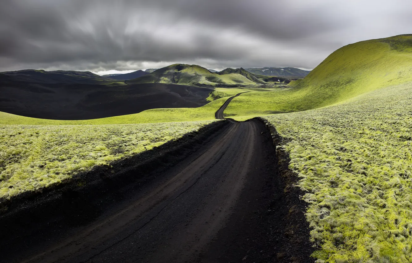 Фото обои дорога, пепел, мох, Исландия