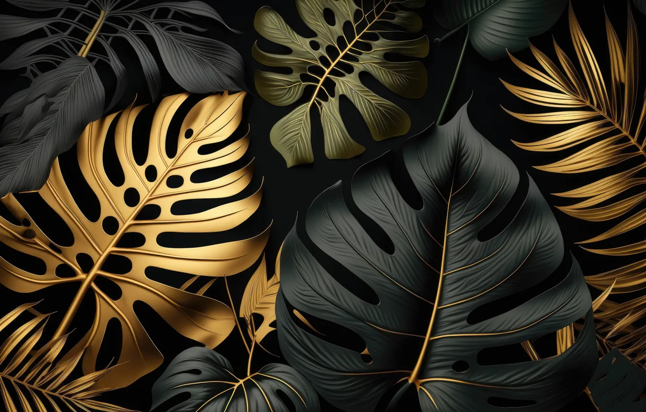 Фото обои листья, фон, golden, black, background, leaves, still life, композиция