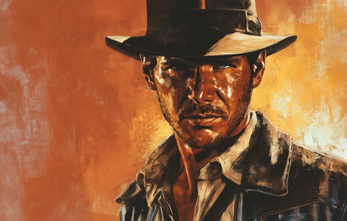 Фото обои yellow, brown, men, Fedora, illustration, Indiana Jones