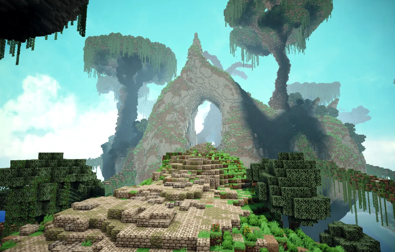Фото обои дорога, небо, деревья, туман, блоки, врата, Minecraft, green hole