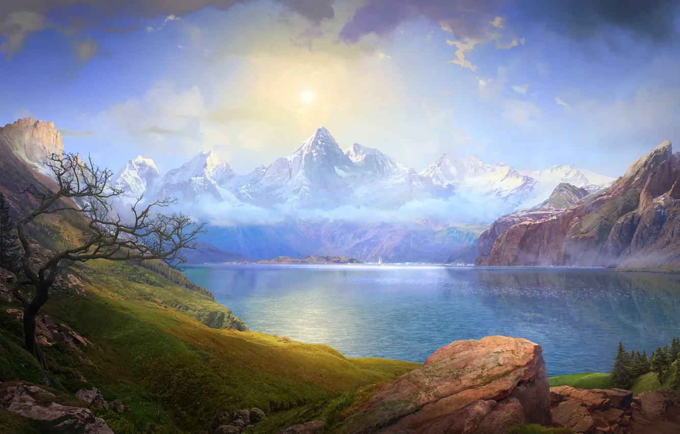 Фото обои небо, облака, горы, озеро, камни, скалы, лодка, парус