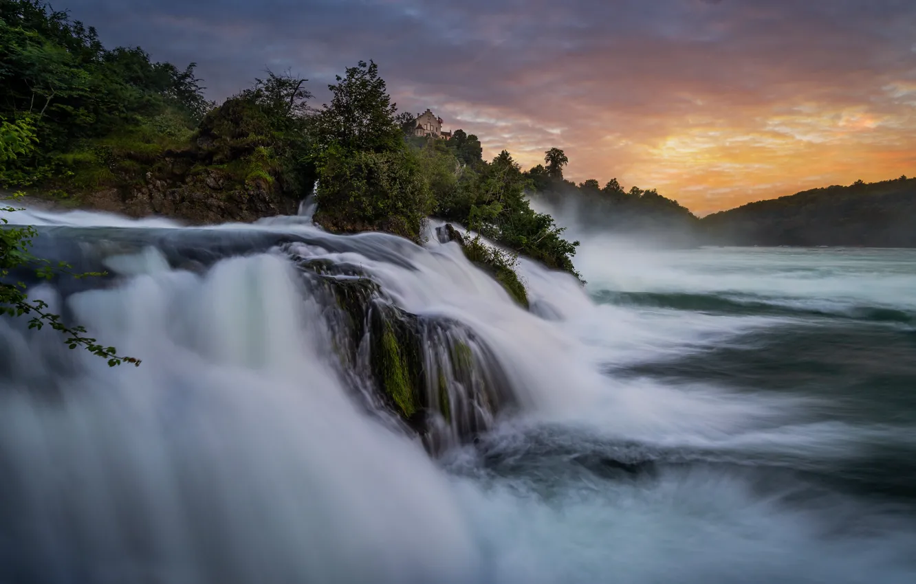 Фото обои пейзаж, закат, природа, река, водопад, Швейцария, Рейн