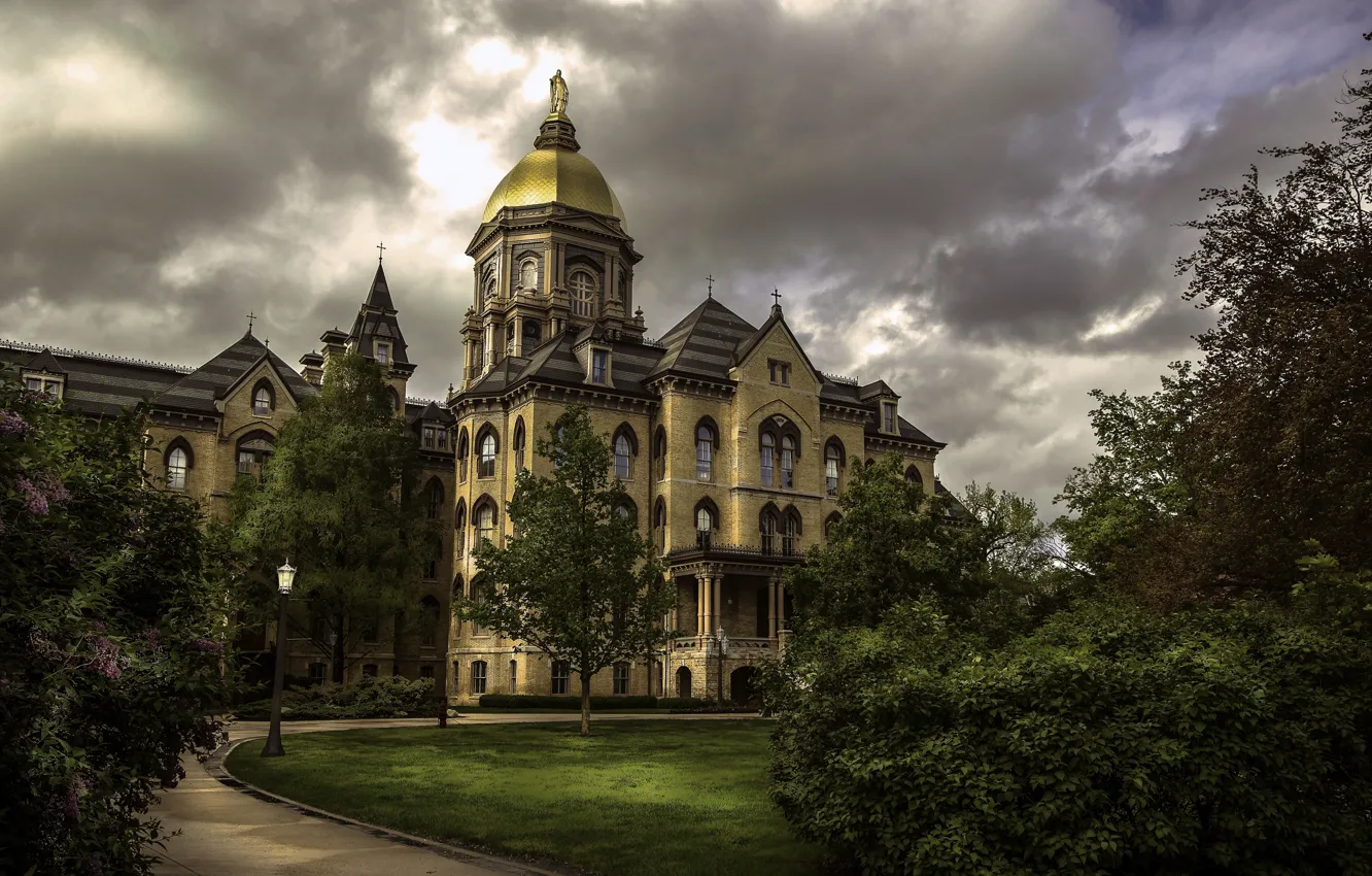 Фото обои парк, здание, Индиана, Indiana, Университет Нотр-Дам, Саут-Бенд, University of Notre Dame, South Bend