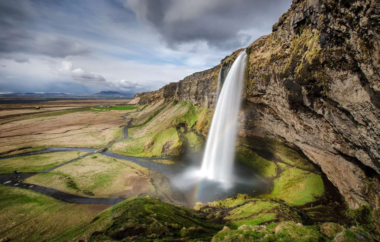 Фото обои природа, скала, Водопад, панорама, Seljalandsfoss