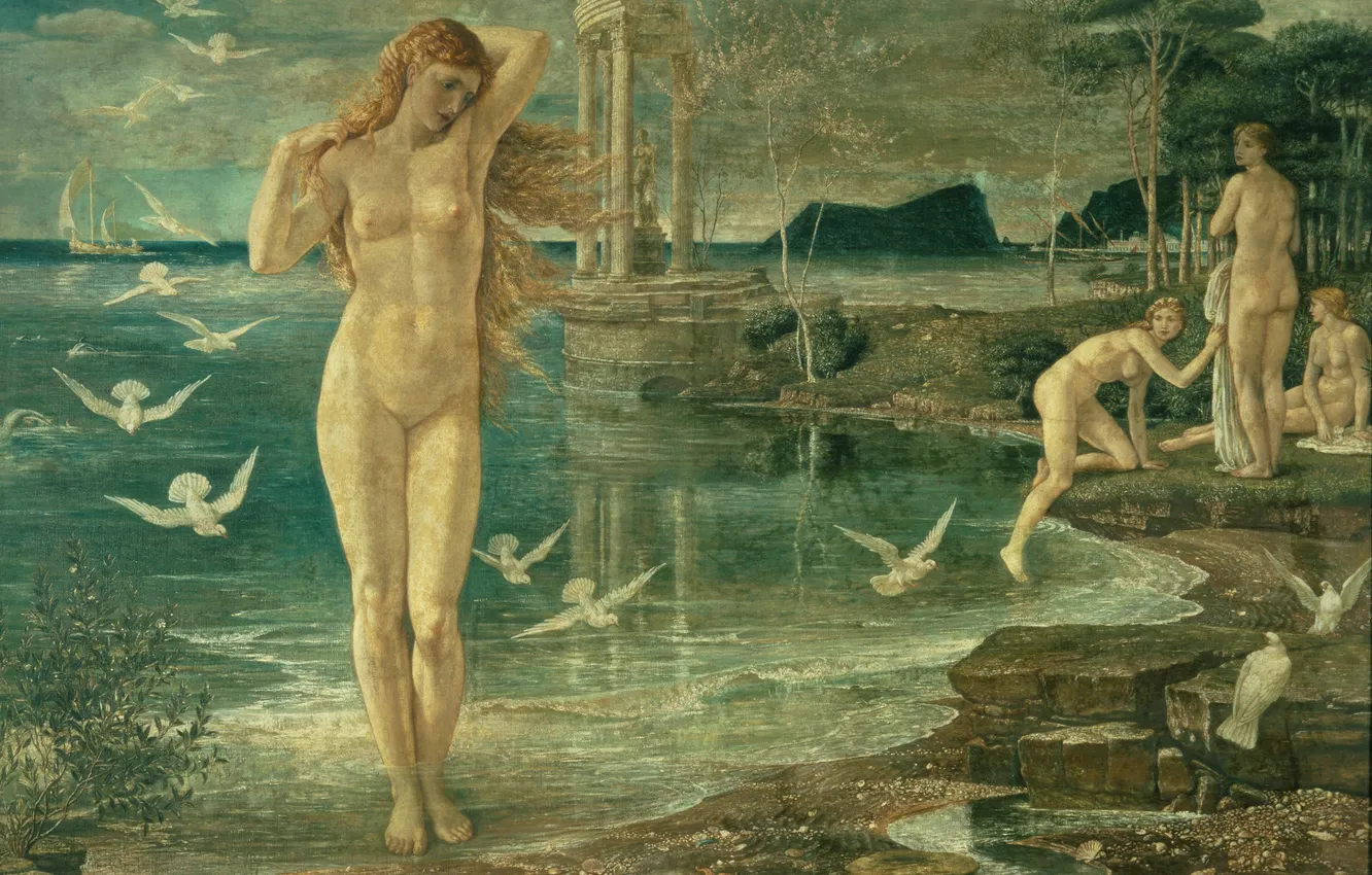 Фото обои Девушки, Картина, Голуби, Венера, Английский художник, Обнажены, Walter Crane, Уолтер Крейн