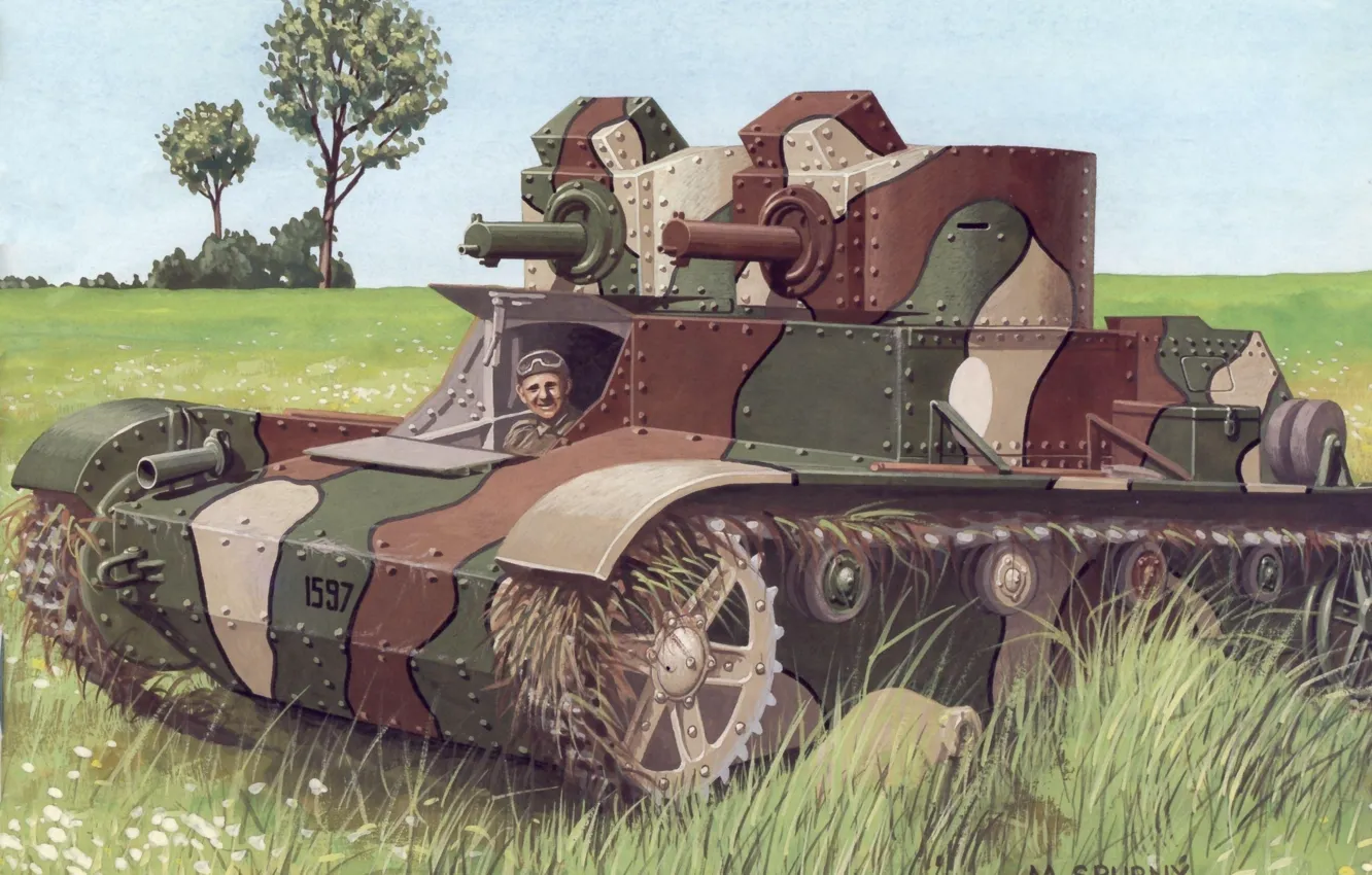 Фото обои поле, трава, рисунок, арт, танк, учения, лёгкий, польский