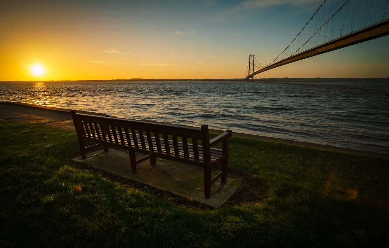 Фото обои скамья, Sunrise, Humber Bridge