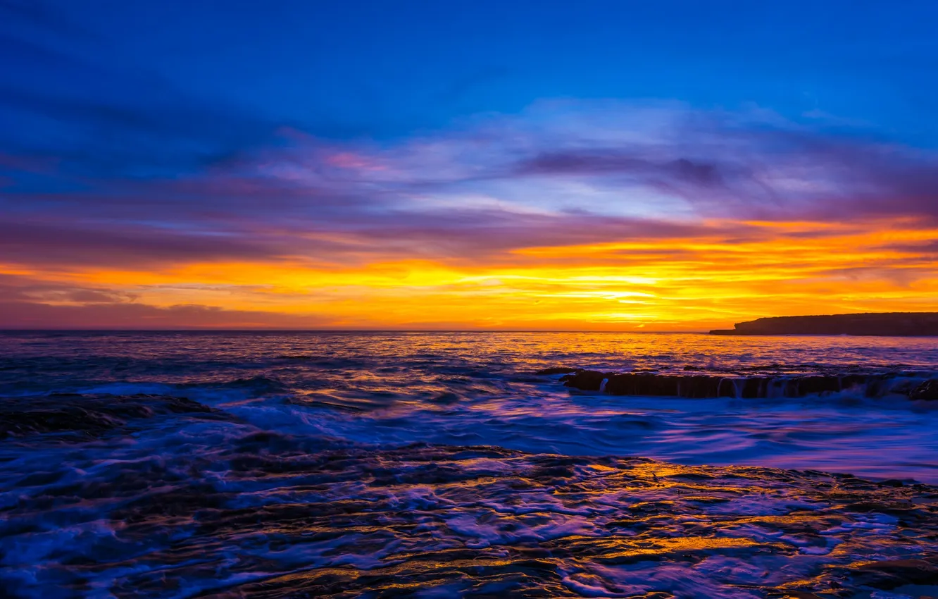 Фото обои море, пейзаж, закат, горизонт