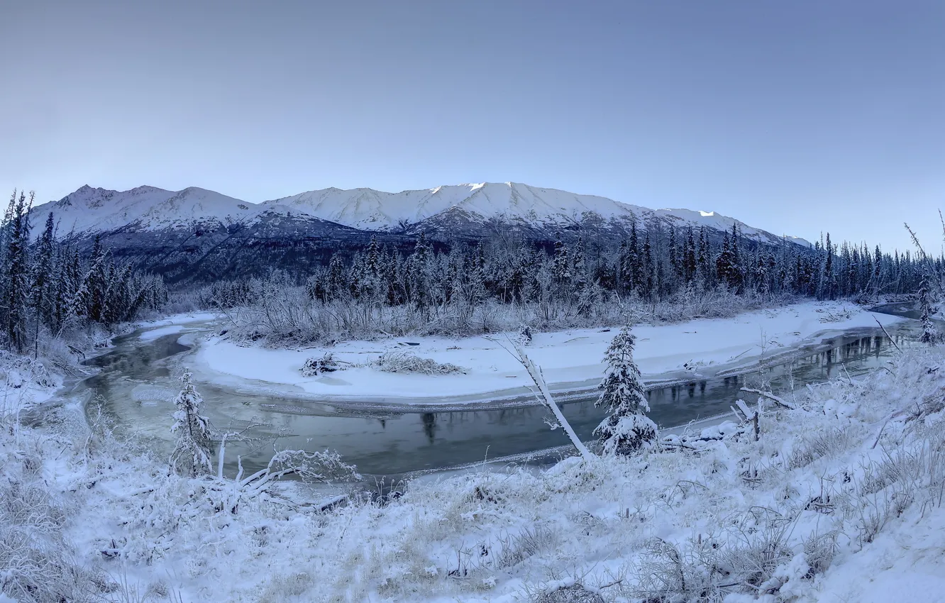 Фото обои снег, пейзаж, река
