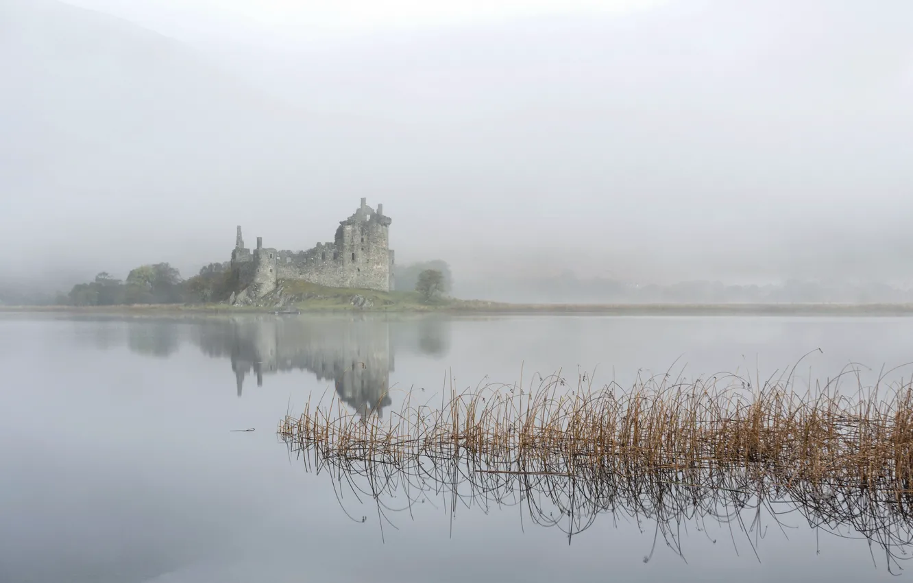 Фото обои озеро, Scotland, Mist, Castle Kilchurn