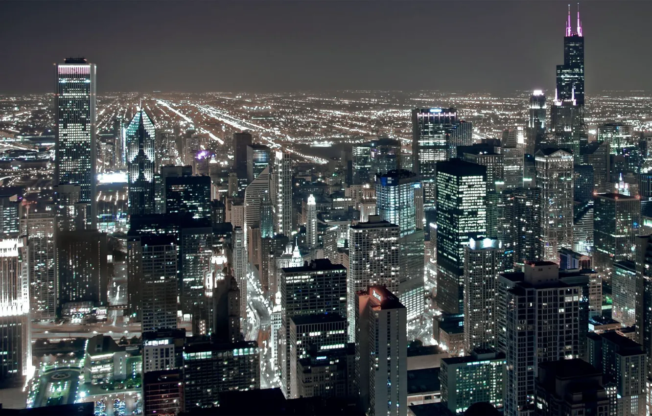 Фото обои ночь, city, огни, высота, небоскребы, USA, америка, чикаго