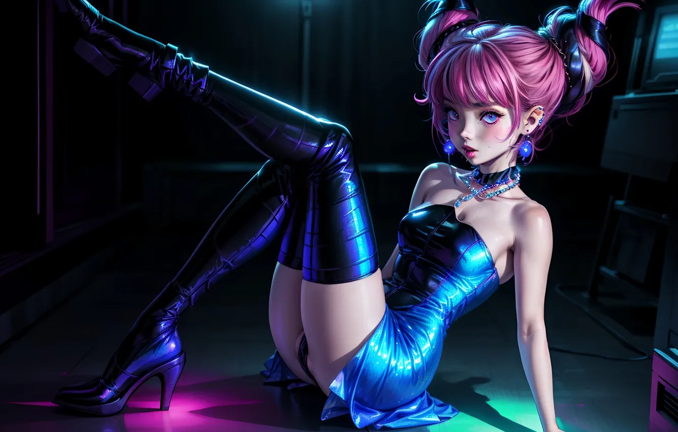 Фото обои девушка, темный фон, сапоги, платье