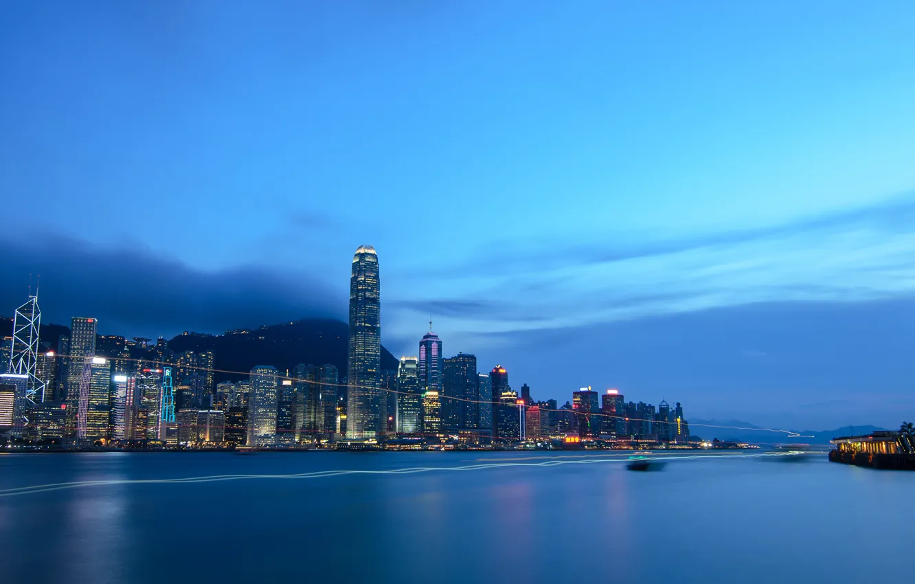 Фото обои вода, город, огни, Гонконг, небоскребы, Китай, сумерки, Hong Kong