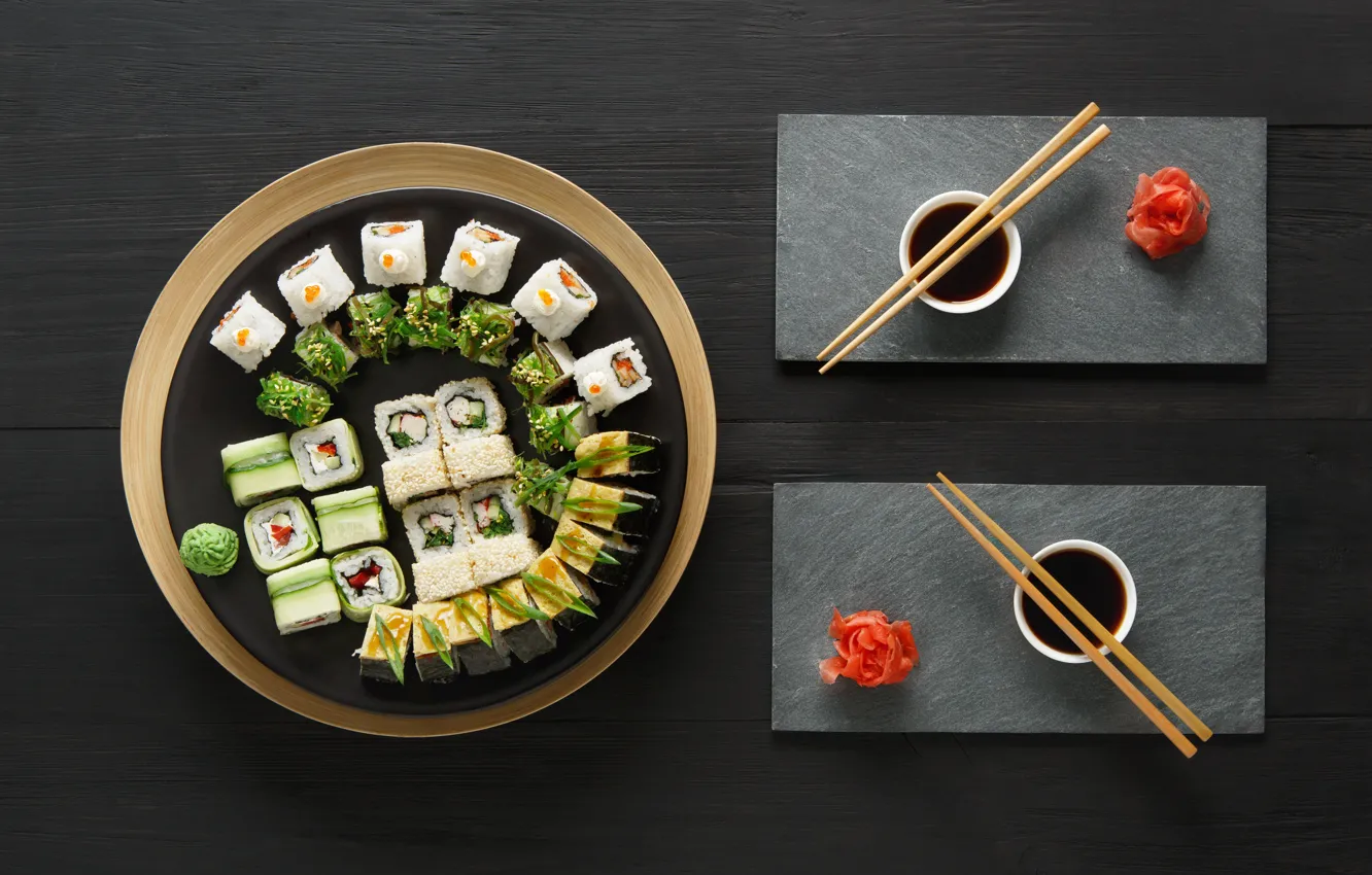 Фото обои палочки, соус, sushi, суши, роллы, имбирь, set, вассаби