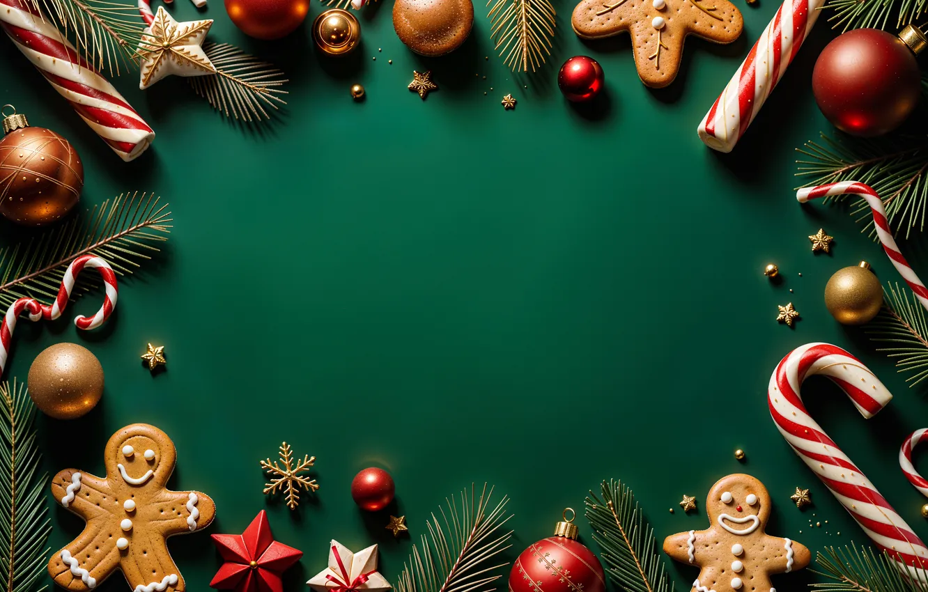 Фото обои украшения, фон, green, шары, Рождество, Новый год, golden, new year