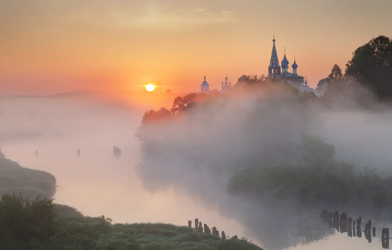 Фото обои лето, солнце, туман, река, утро, Россия