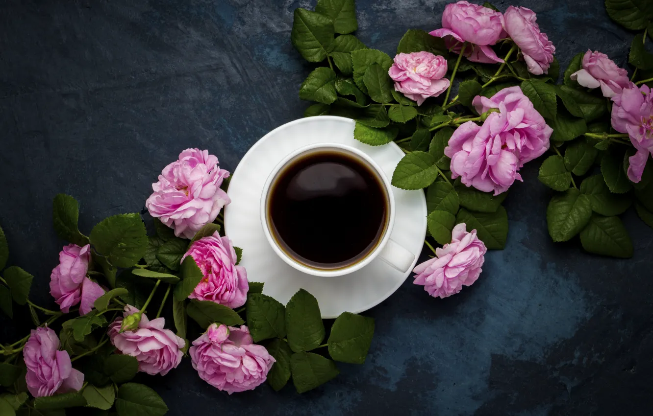 Фото обои кофе, розы, чашка, композиция