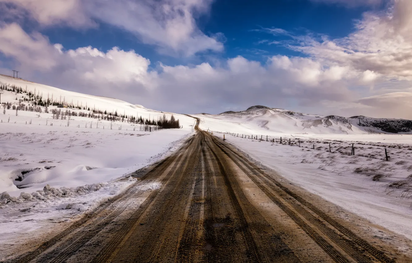 Фото обои дорога, поле, снег