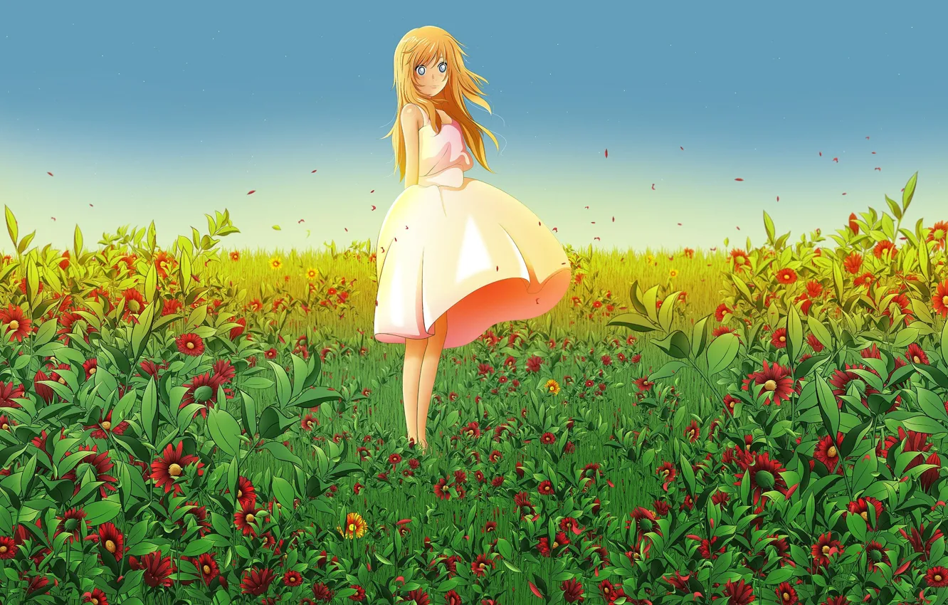 Фото обои лето, букет, девочка, голубые глаза, одна, длинные волосы, цветочное поле, сарафан