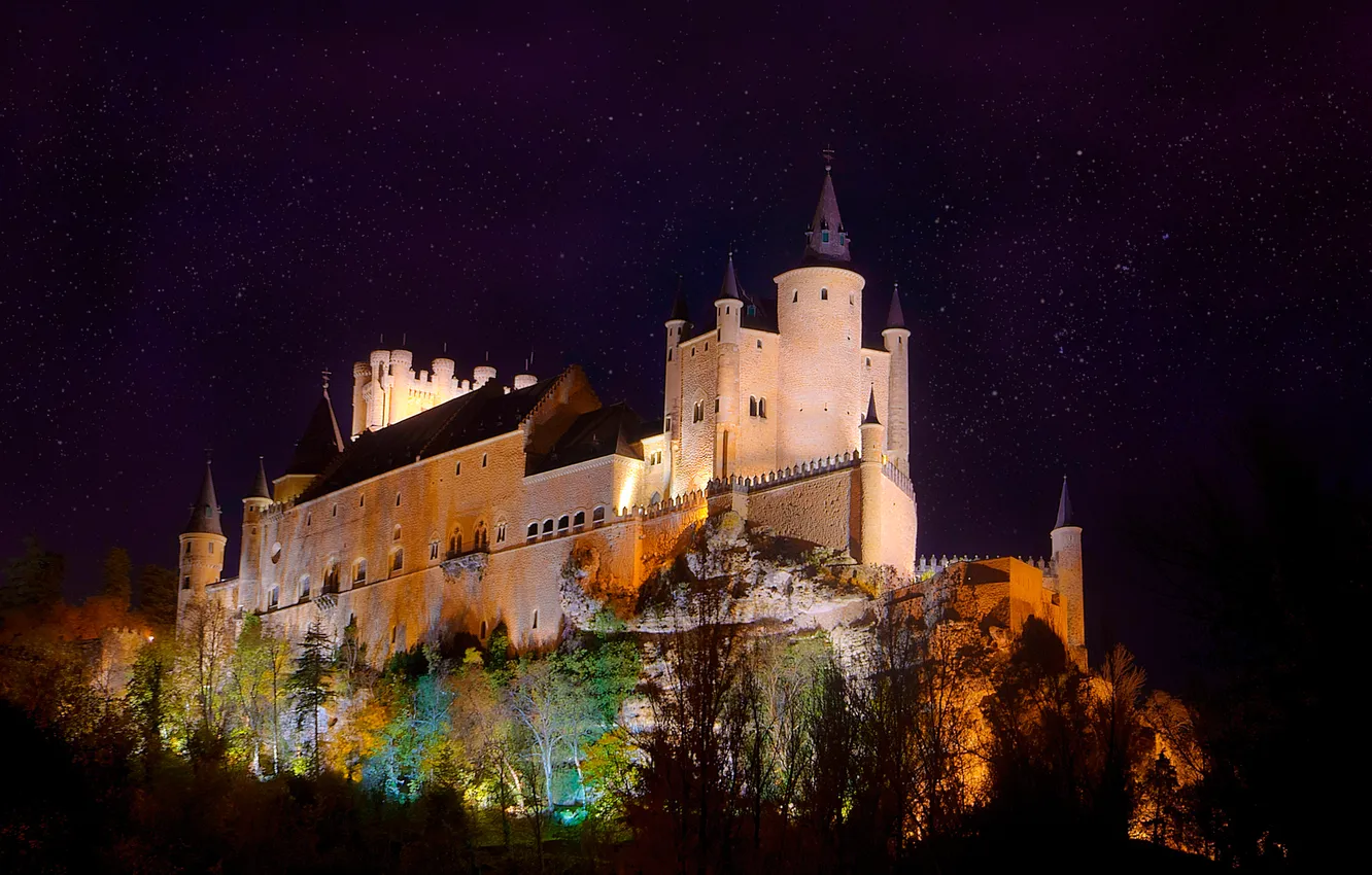 Фото обои ночь, огни, крепость, Испания, дворец, Алькасар, Сеговия