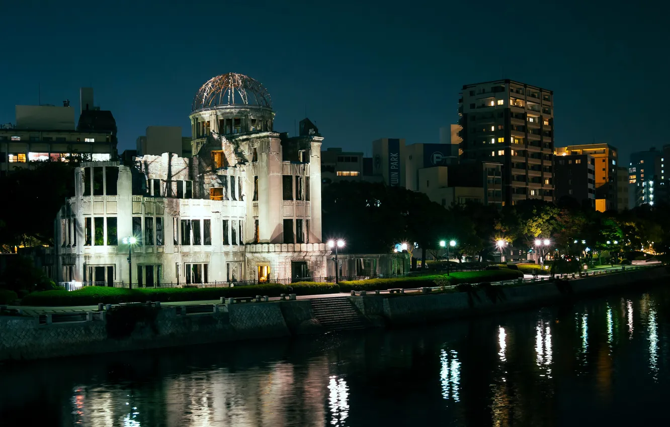Фото обои ночь, город, река, фото, дома, Япония, Hiroshima, Genbaku Dome
